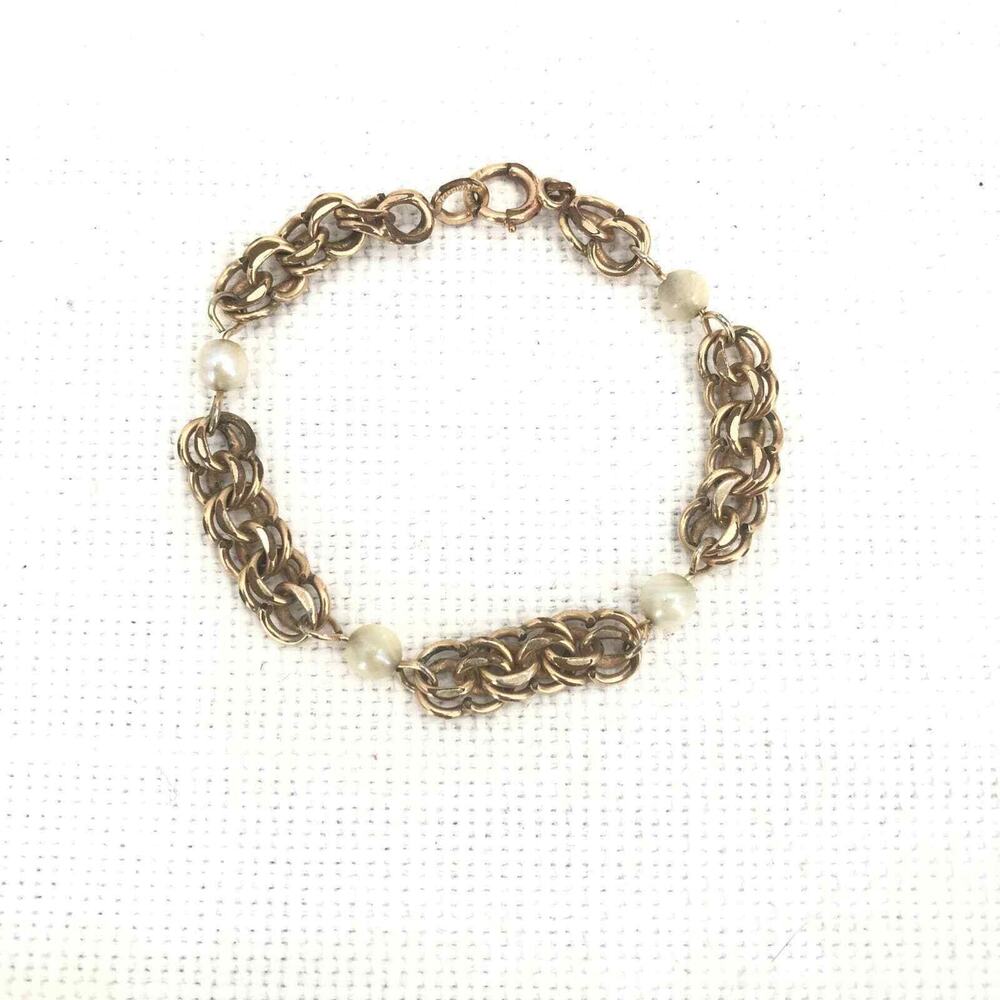 Vintage goldtone Byzantine Chain pearl Beaded Bracelet childs youth SMALL